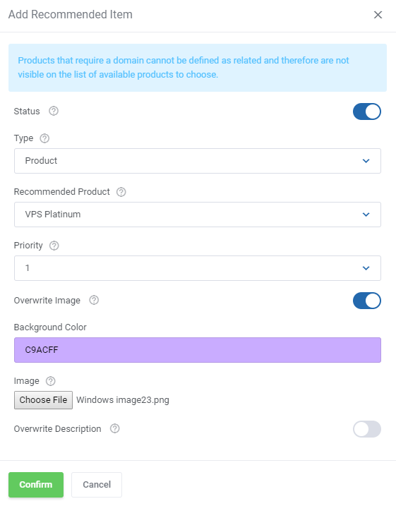 Product Cross-Selling For WHMCS: Add Recommended Item dialog with product, priority, image and background color