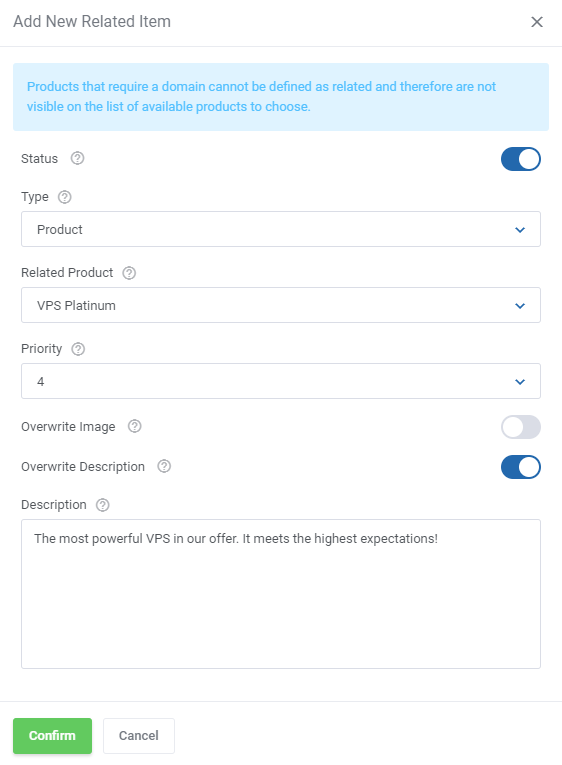 Product Cross-Selling For WHMCS: Add New Related Item dialog with product, priority and description fields