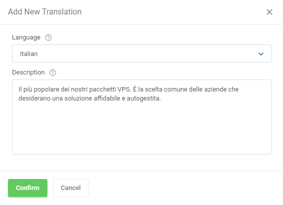 Product Cross-Selling For WHMCS: Add New Translation dialog with Italian language and description text
