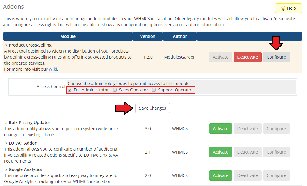 Product Cross-Selling For WHMCS: module access control with Full Administrator ticked and Save Changes button