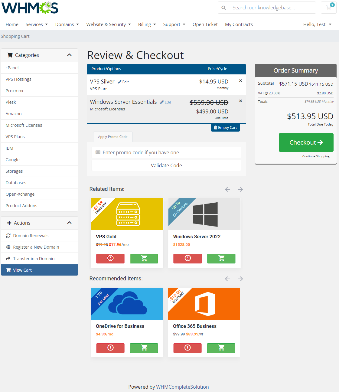 Product Cross-Selling For WHMCS: WHMCS client area cart with discounted prices on related item tiles