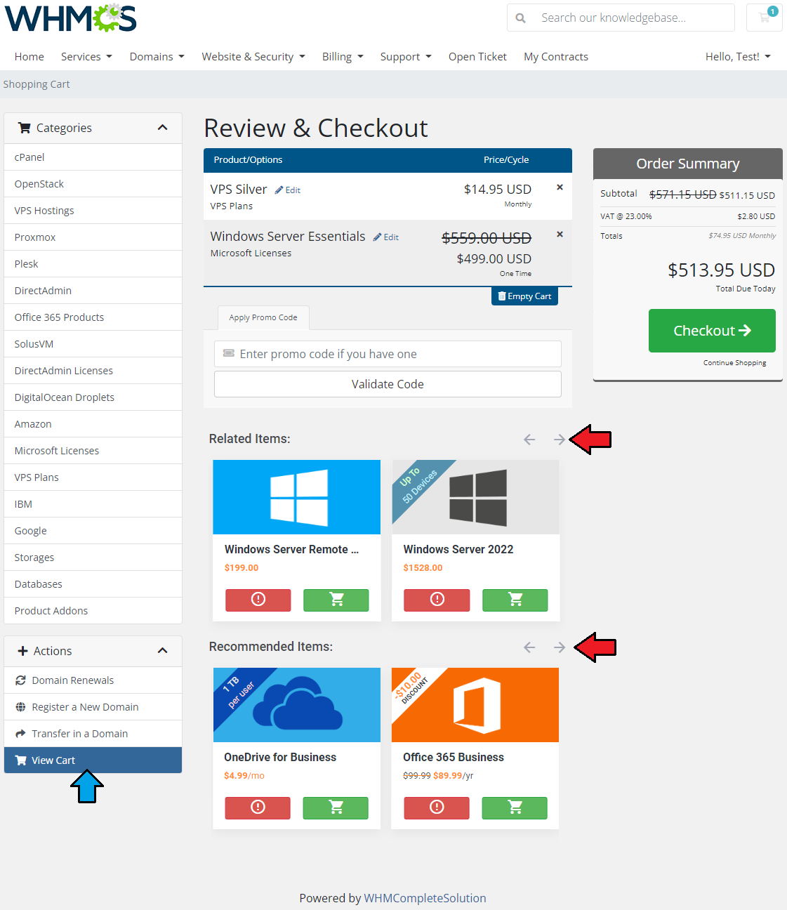 Product Cross-Selling For WHMCS: WHMCS client area cart with related and recommended items tiles