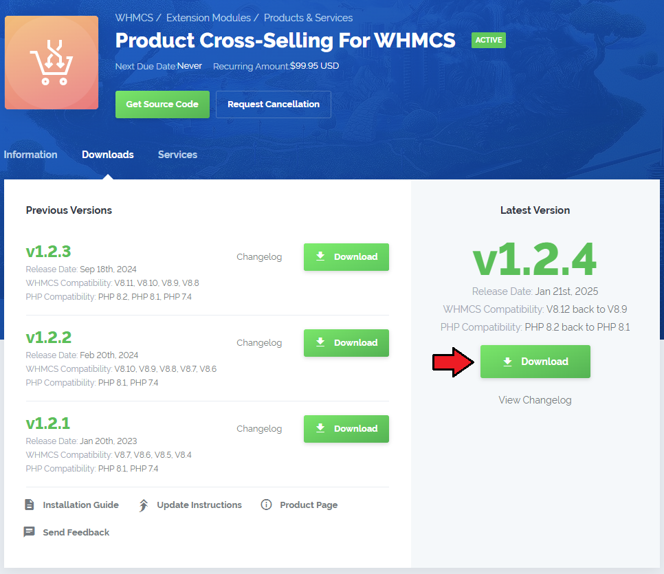 Product Cross-Selling For WHMCS: client area Downloads tab with the Download button for the latest version