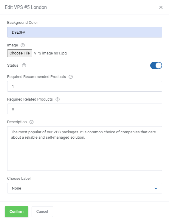 Product Cross-Selling For WHMCS: Edit product dialog with background color, image, status, description and Confirm
