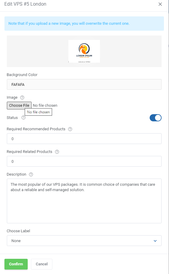 Product Cross-Selling For WHMCS: Edit product dialog with the image preview, background color and label selection