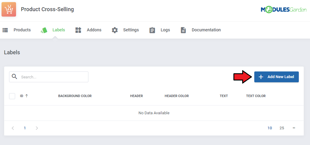 Product Cross-Selling For WHMCS: Labels tab with an empty list and the Add New Label button
