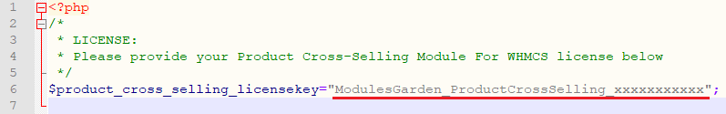 Product Cross-Selling For WHMCS: license.php file with the license key entered between quotation marks