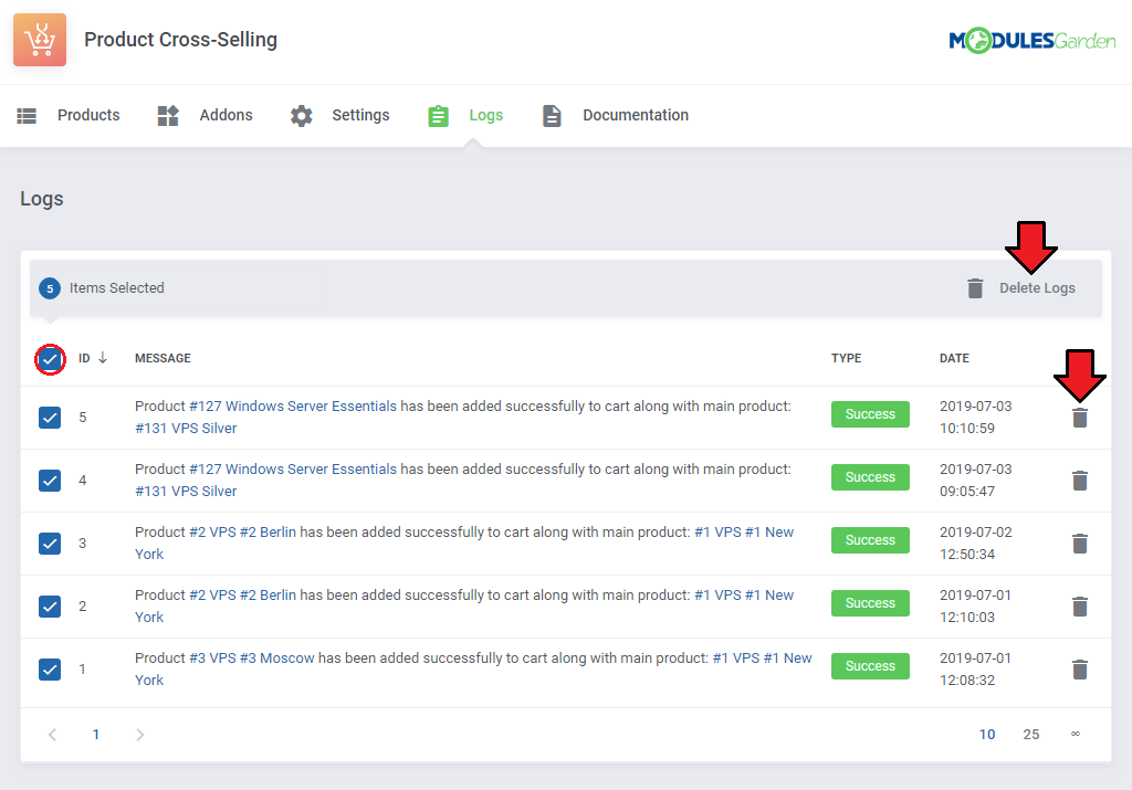 Product Cross-Selling For WHMCS: Logs tab with log entries, delete icons and the Delete Logs button
