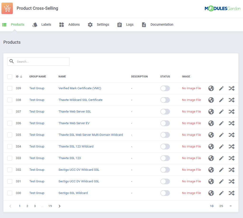 Product Cross-Selling For WHMCS: module Products page with a list of products and the menu tabs