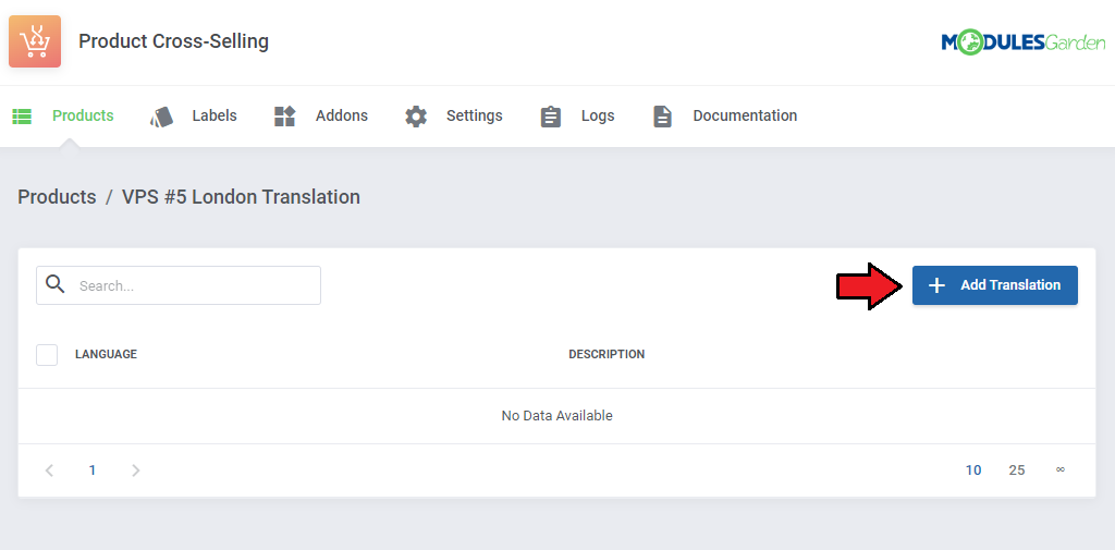 Product Cross-Selling For WHMCS: product translation page with an empty list and the Add Translation button