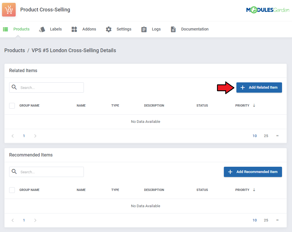 Product Cross-Selling For WHMCS: Products list with the cross-selling details icon next to a product