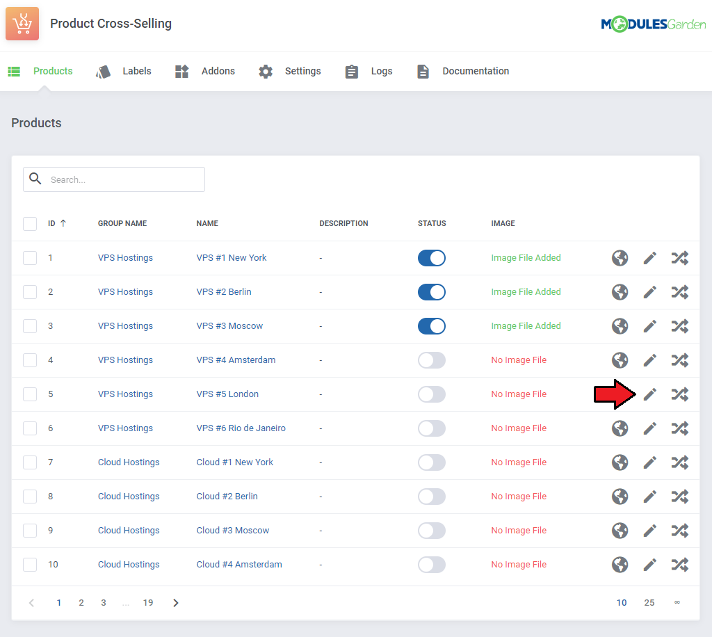 Product Cross-Selling For WHMCS: Products list with the edit icon next to a product, cross-selling disabled by default