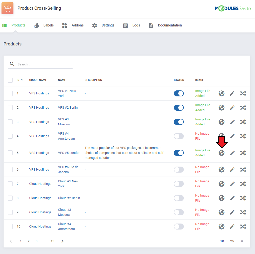 Product Cross-Selling For WHMCS: Products list with the translations icon next to a product