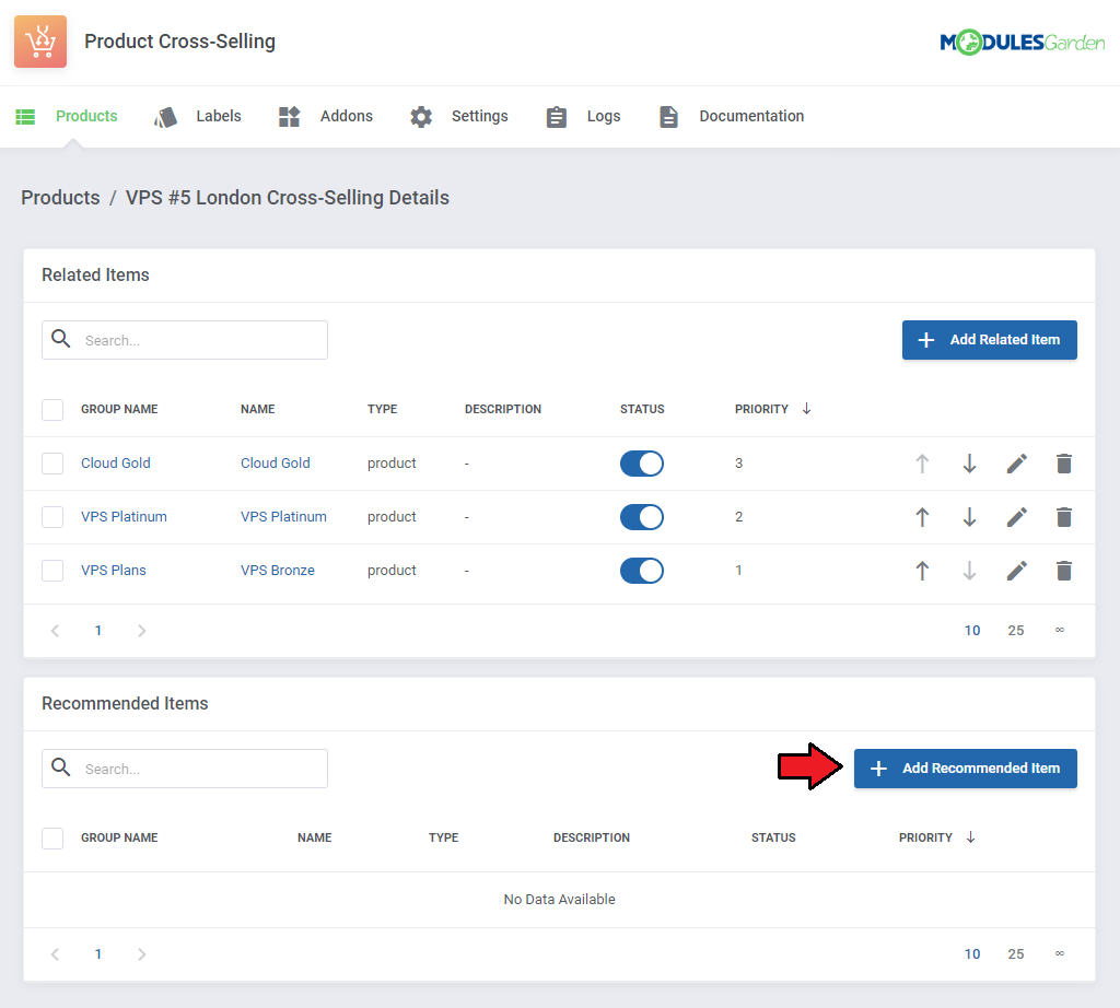 Product Cross-Selling For WHMCS: Related Items table with three products and the Add Recommended Item button