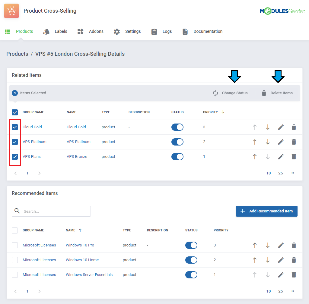 Product Cross-Selling For WHMCS: related items selected with Change Status and Delete Items mass action buttons