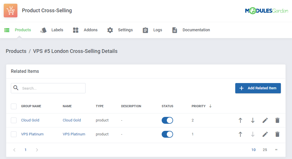 Product Cross-Selling For WHMCS: Related Items table with two related products, priority and status