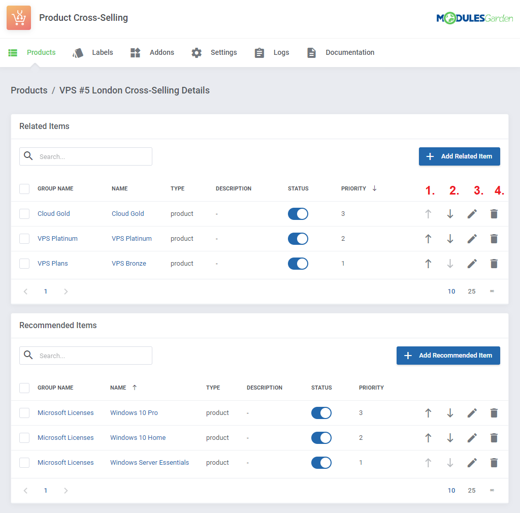 Product Cross-Selling For WHMCS: related and recommended items tables with numbered priority, edit and delete icons