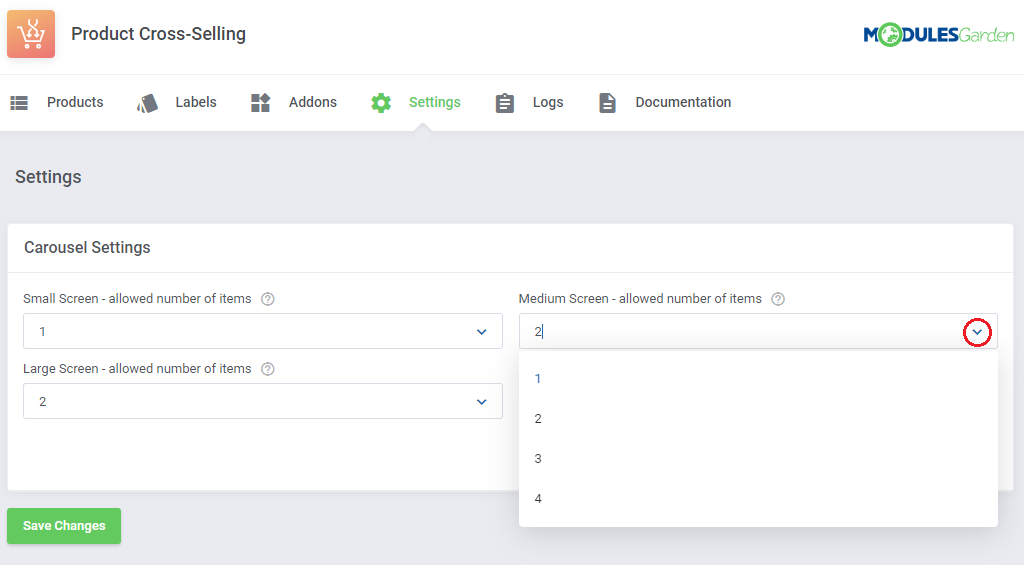 Product Cross-Selling For WHMCS: Settings tab with the dropdown for the number of items per screen size