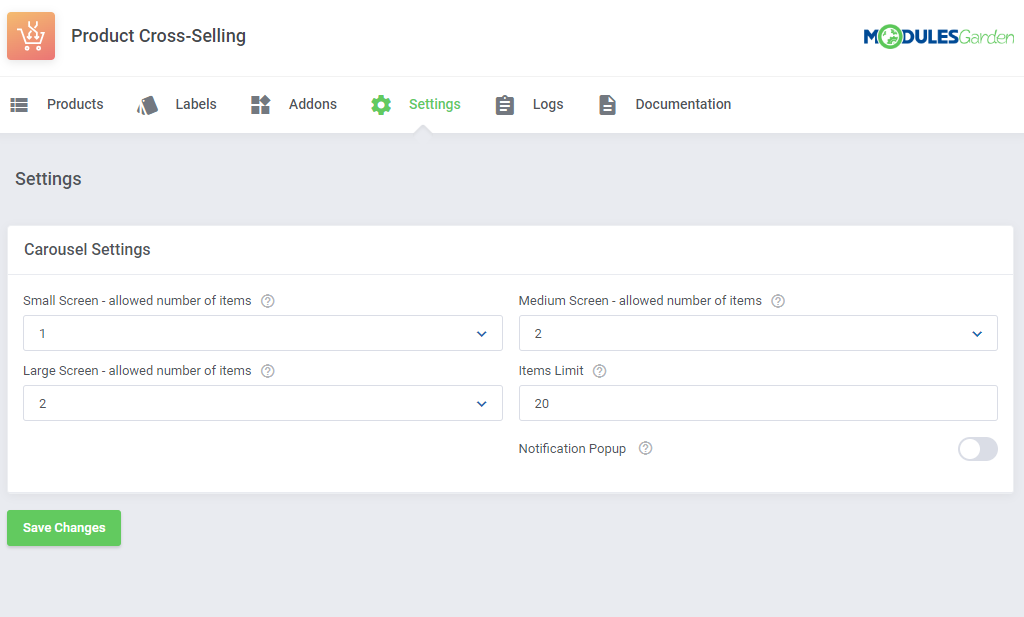 Product Cross-Selling For WHMCS: Settings tab with carousel settings, Items Limit and Notification Popup
