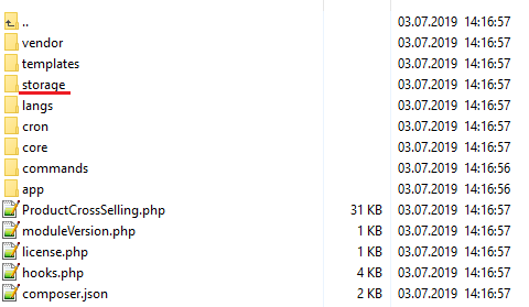 Product Cross-Selling For WHMCS: module folder listing with the storage folder underlined