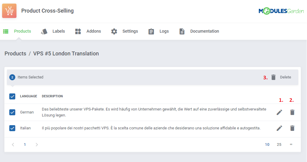 Product Cross-Selling For WHMCS: product translations list with edit, delete and mass delete options