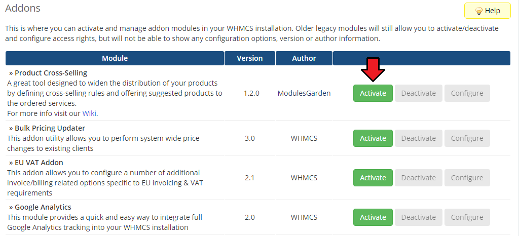 Product Cross-Selling For WHMCS: WHMCS Addon Modules list with the Activate button for Product Cross-Selling