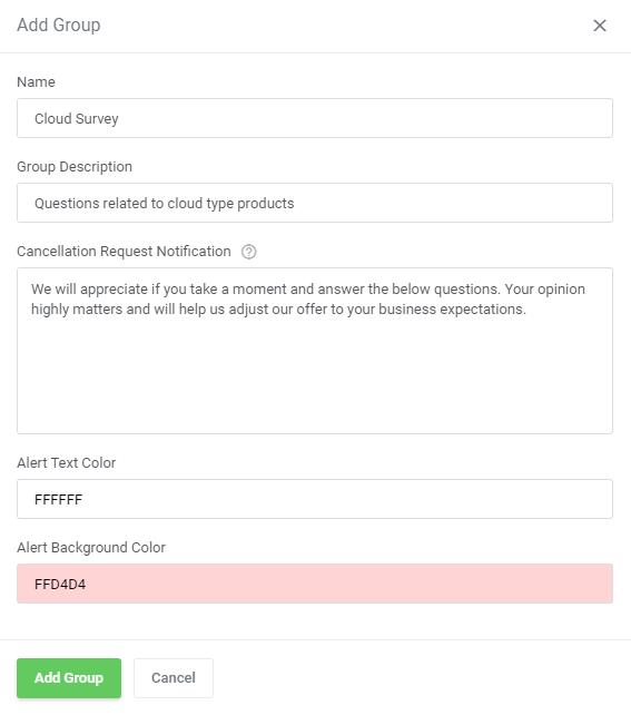 Product Feedback Center For WHMCS: Add Group form with name, description, notification text and alert color fields