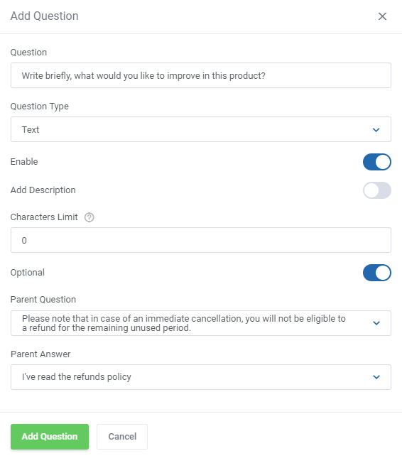 Product Feedback Center For WHMCS: Add Question form with type, optional switch, parent question and parent answer