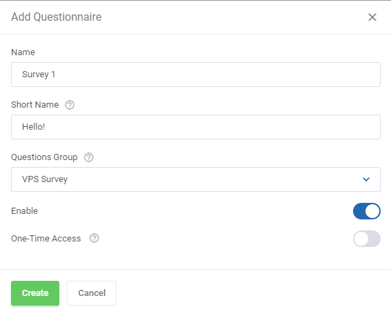 Product Feedback Center For WHMCS: Add Questionnaire form with name, questions group, enable and one-time access