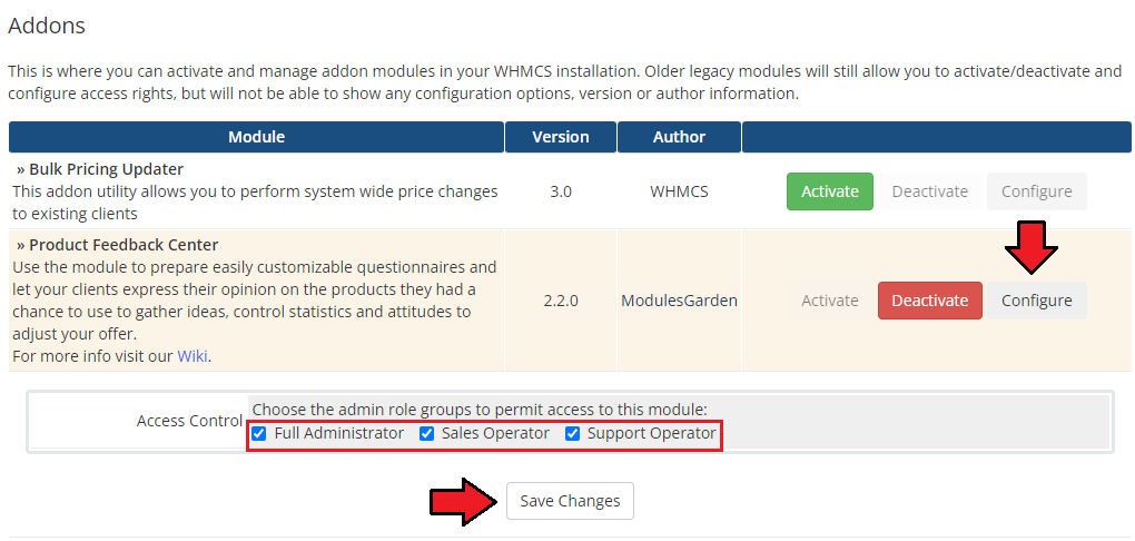 Product Feedback Center For WHMCS: WHMCS Addon Modules access control with admin role checkboxes and the Save Changes