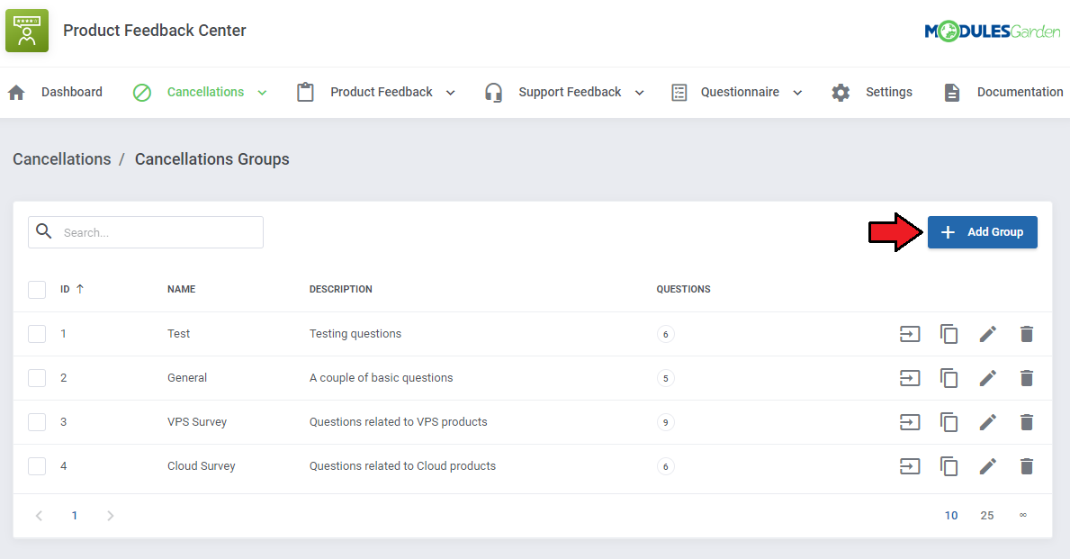 Product Feedback Center For WHMCS: Cancellations Groups list with the Add Group button highlighted