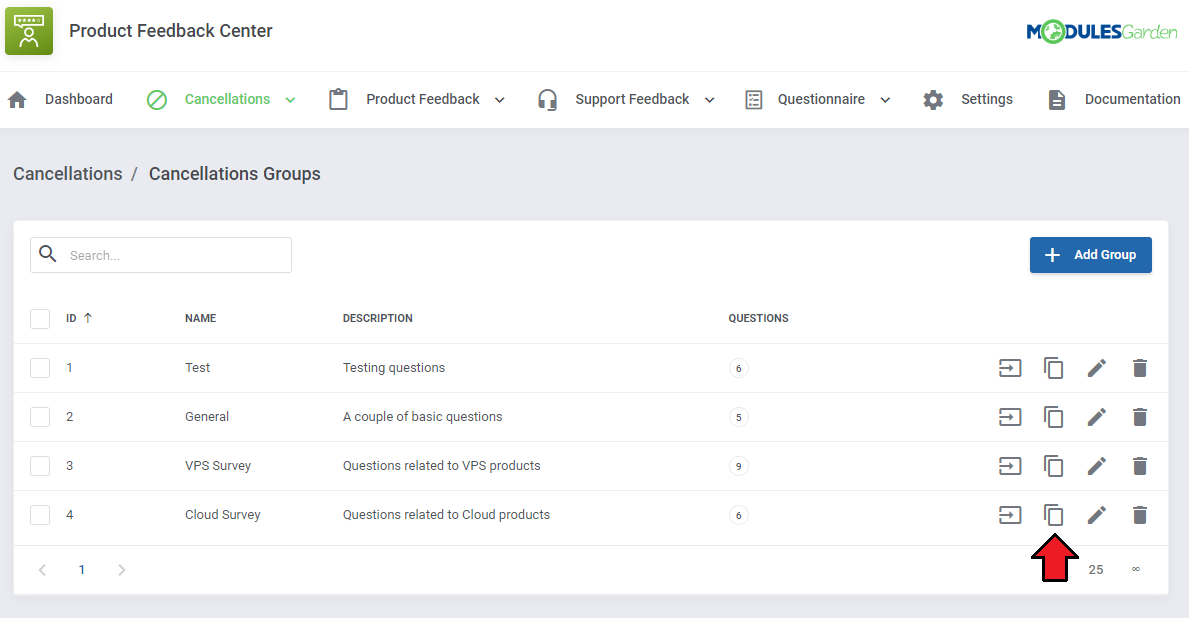 Product Feedback Center For WHMCS: Cancellations Groups list with the Clone icon highlighted for the Cloud Survey group