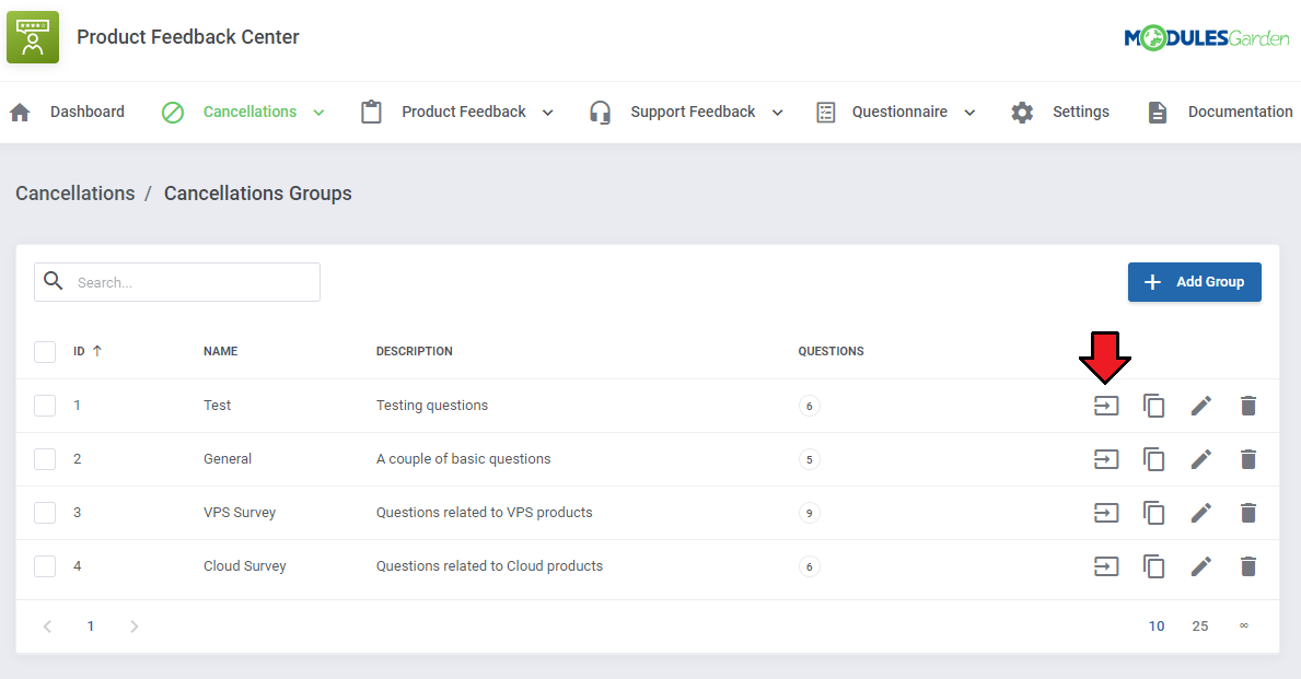 Product Feedback Center For WHMCS: Cancellations Groups list with the Questions icon highlighted for a group