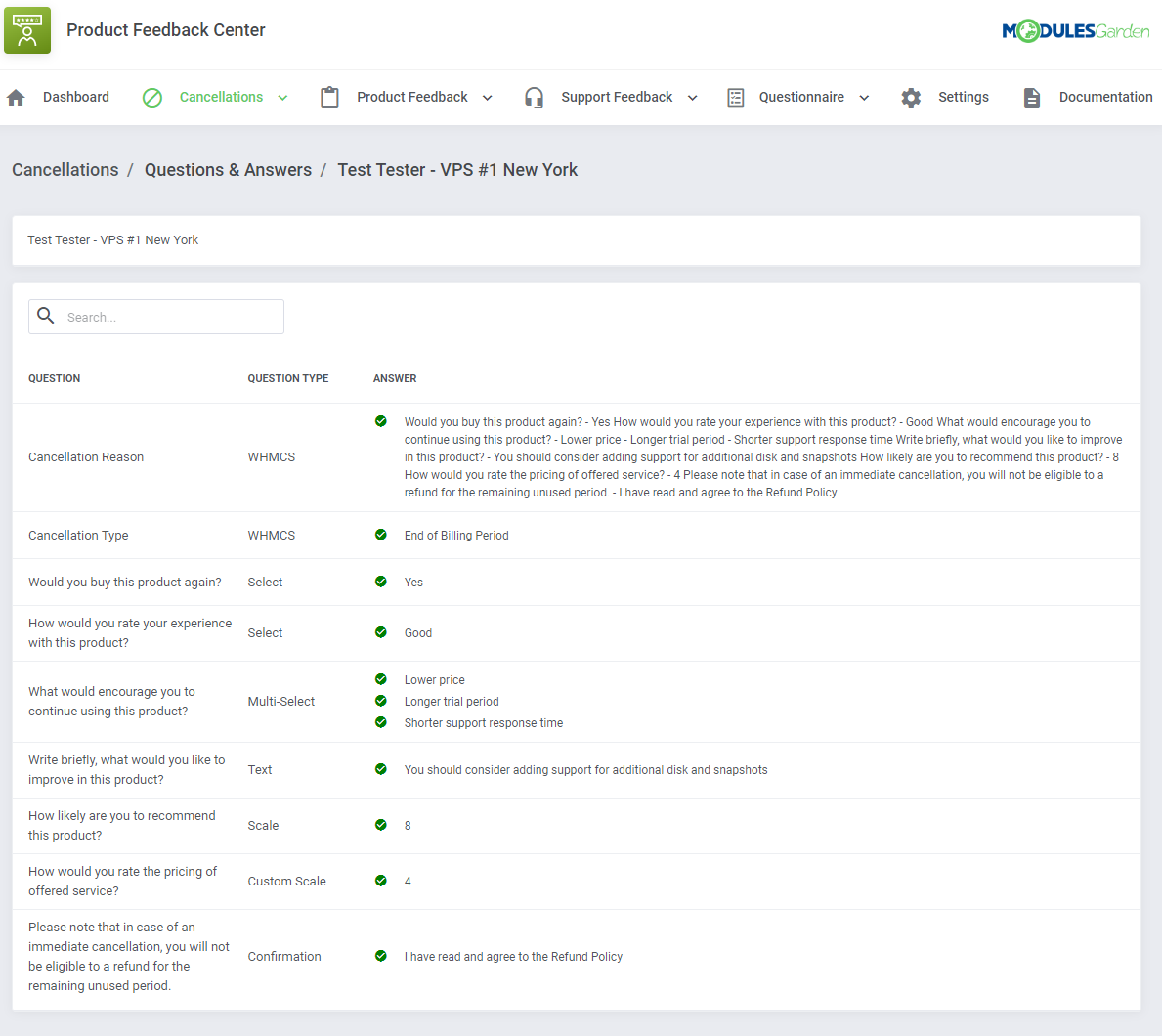 Product Feedback Center For WHMCS: Questions & Answers page with a client's cancellation survey questions, types and