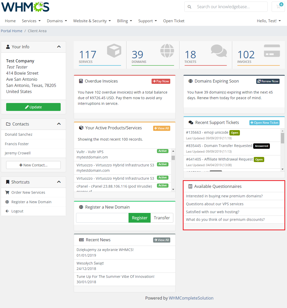 Product Feedback Center For WHMCS: client area home page with the Available Questionnaires box highlighted in red