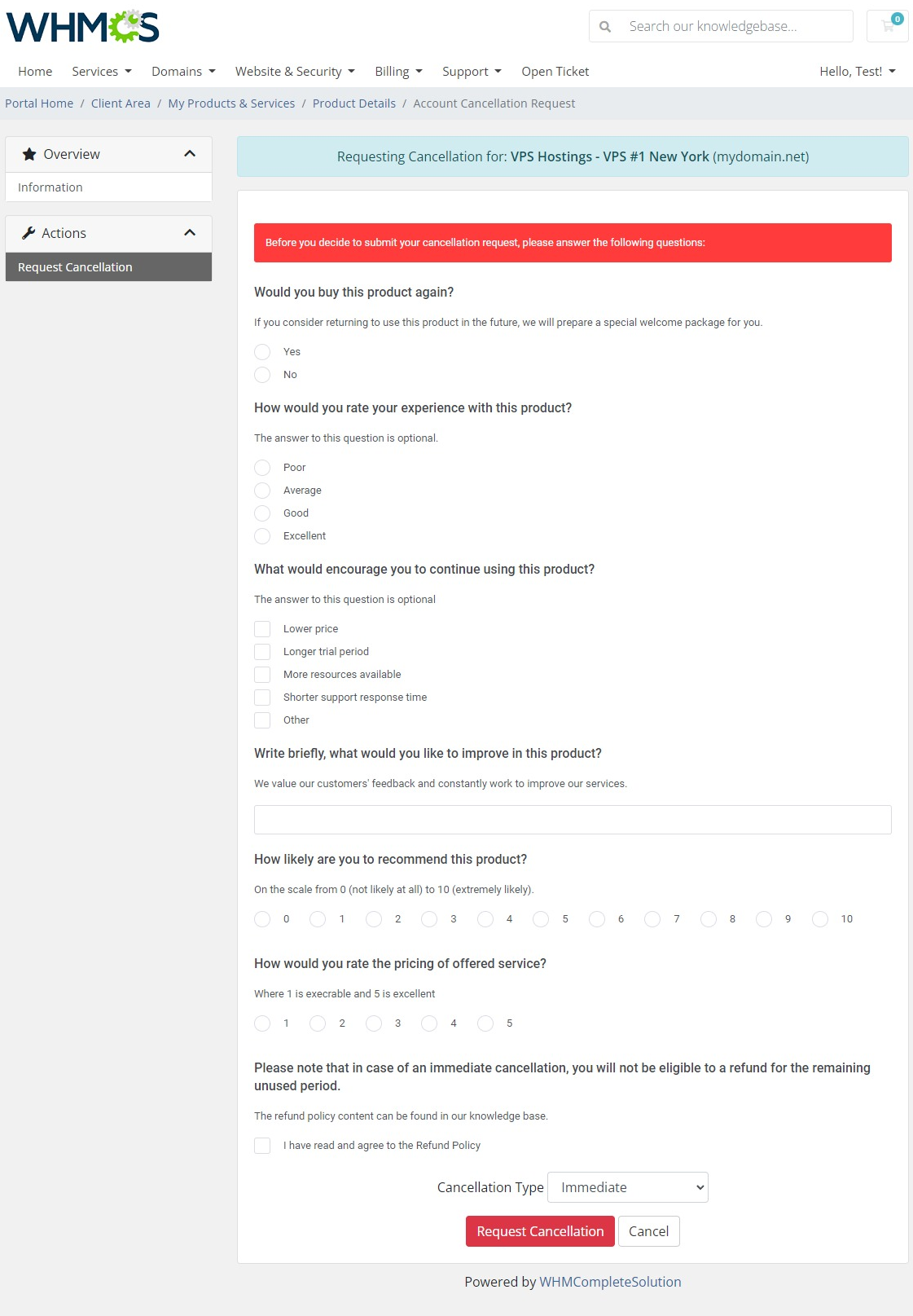 Product Feedback Center For WHMCS: client area cancellation request page with survey questions to answer first