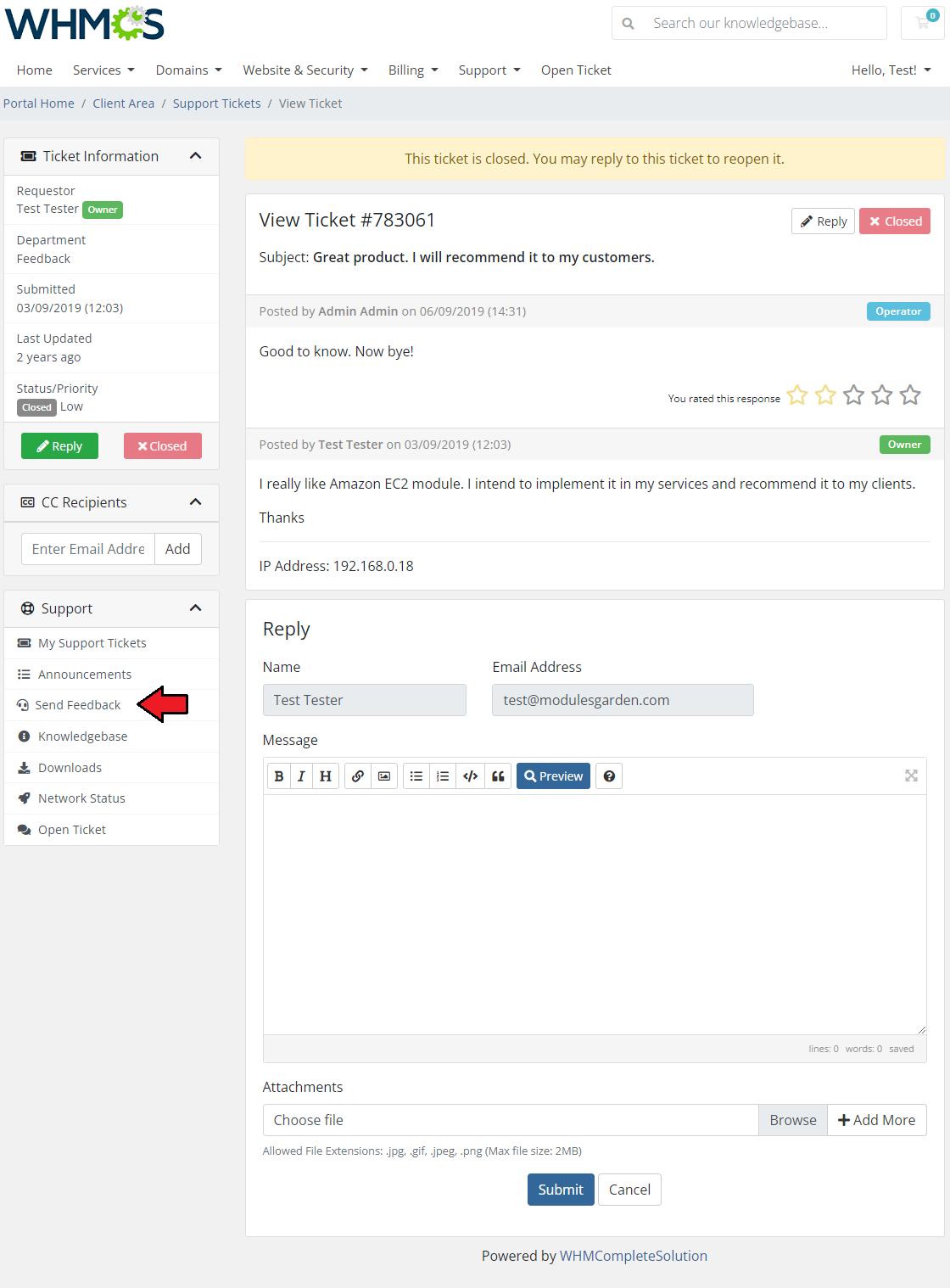 Product Feedback Center For WHMCS: client area closed ticket page with an arrow pointing to Send Feedback in Support