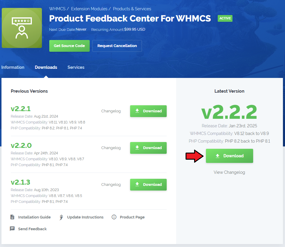Product Feedback Center For WHMCS: client area product page with the Download button for the latest module version