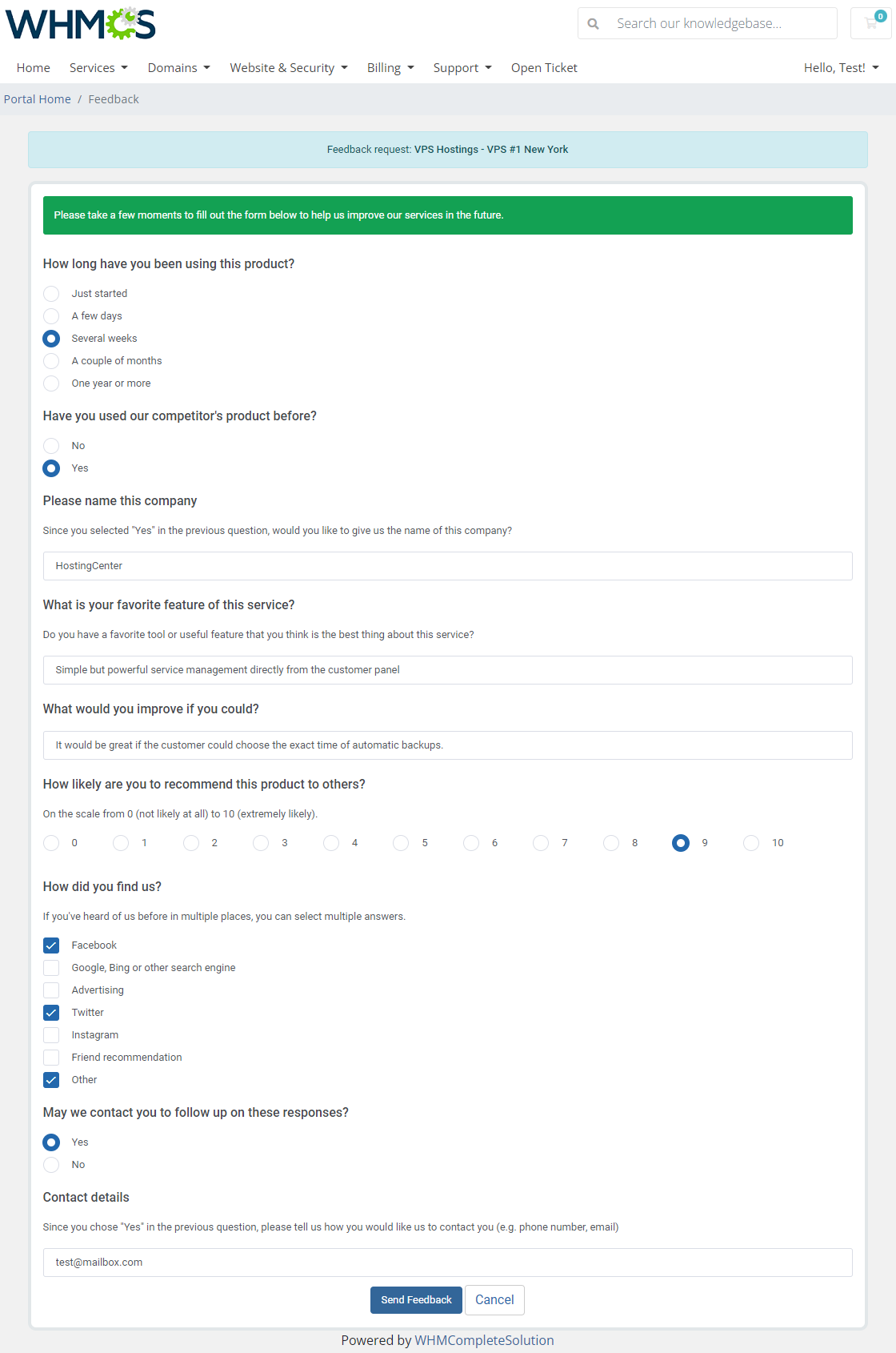 Product Feedback Center For WHMCS: client area product feedback form filled in with answers and Send Feedback