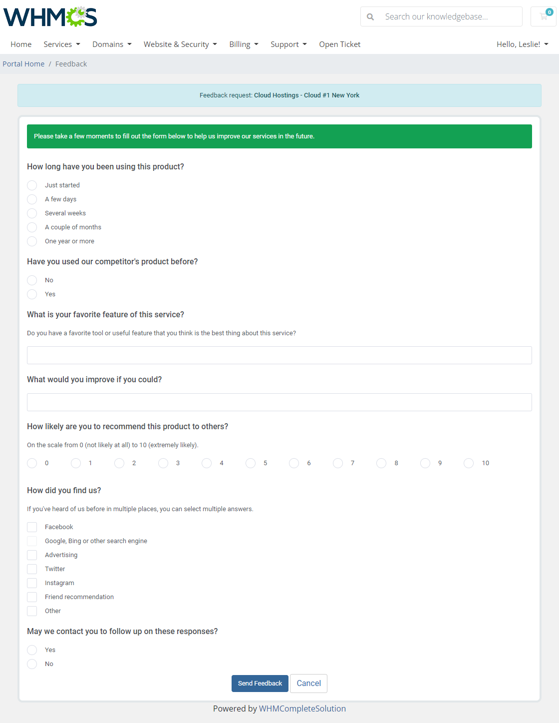 Product Feedback Center For WHMCS: client area product feedback form with select, text, scale and multi-select questions