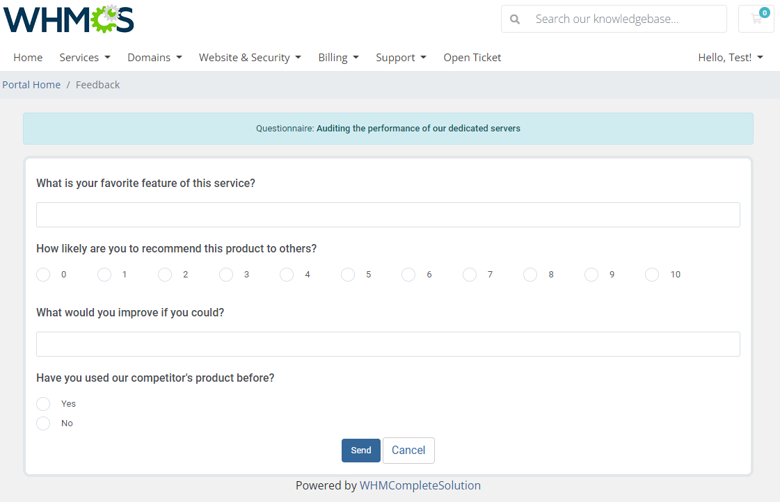 Product Feedback Center For WHMCS: client area questionnaire form for a dedicated servers audit with mixed questions