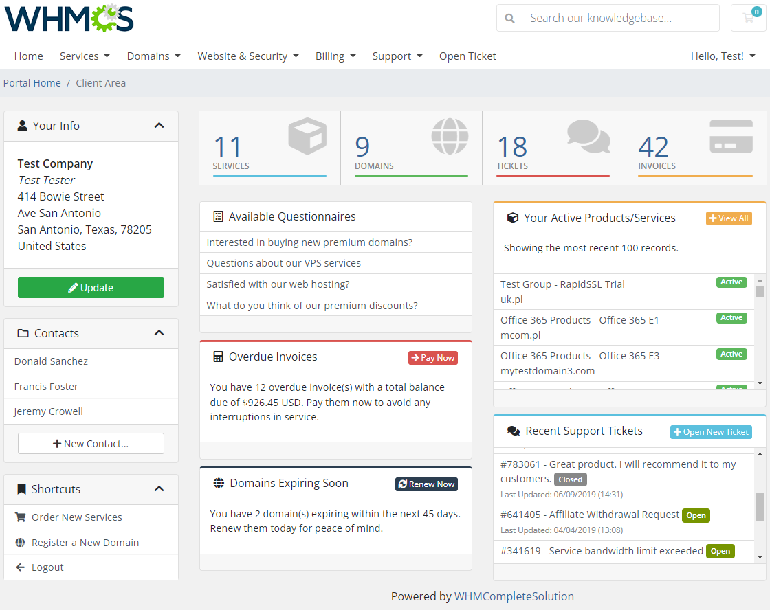 Product Feedback Center For WHMCS: client area home page with the Available Questionnaires list of surveys