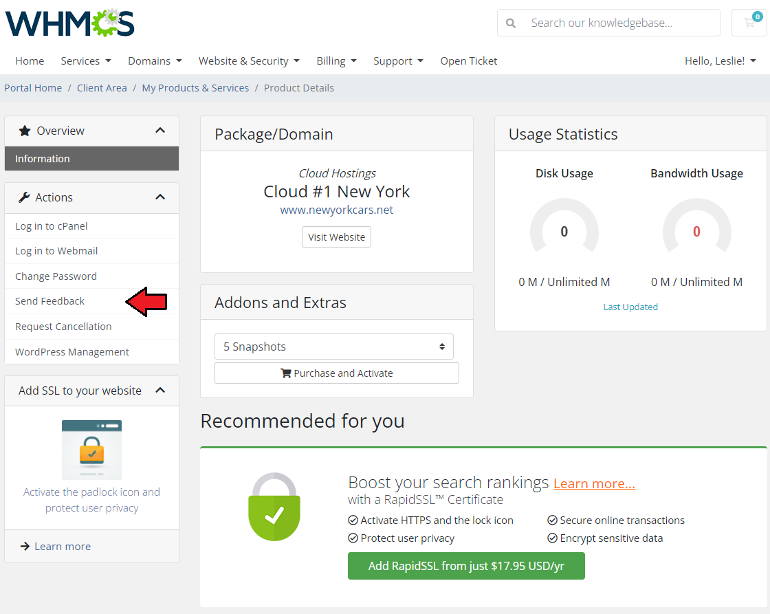 Product Feedback Center For WHMCS: client area product details page with the Send Feedback link in the Actions menu