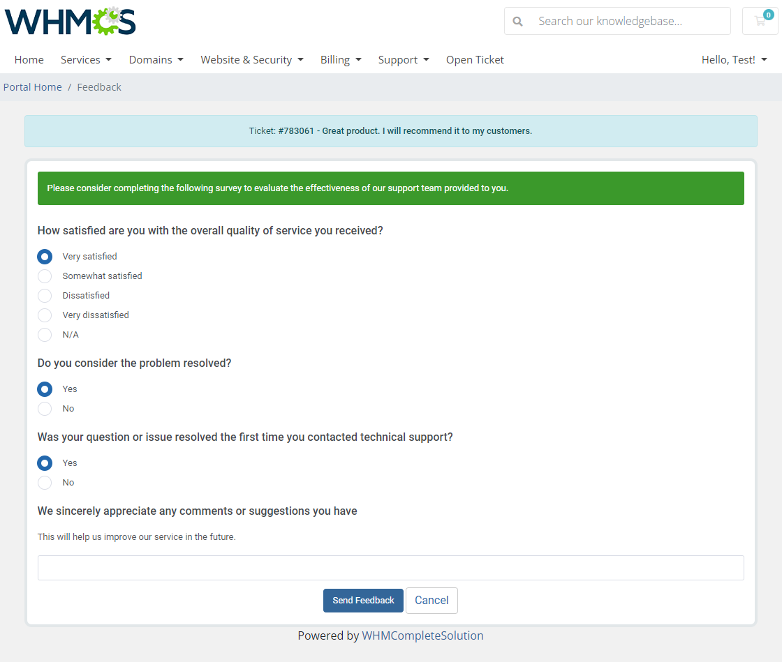 Product Feedback Center For WHMCS: client area support feedback survey for a closed ticket with satisfaction questions
