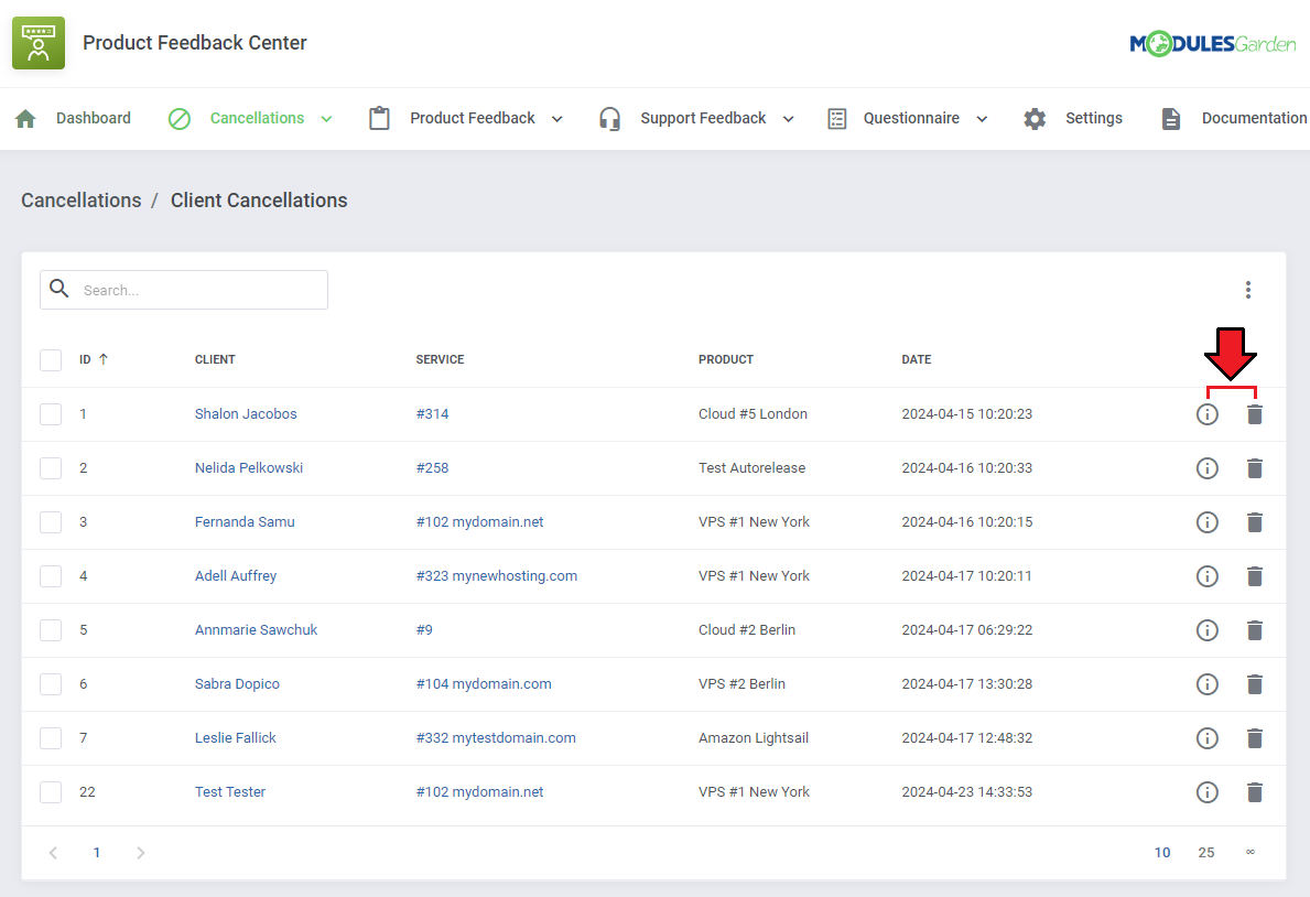 Product Feedback Center For WHMCS: Client Cancellations list with the details and delete icons highlighted for a request
