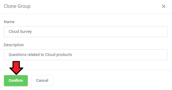 Product Feedback Center For WHMCS: Clone Group form with the name and description fields and the Confirm button