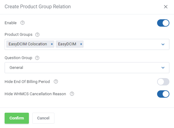 Product Feedback Center For WHMCS: Create Product Group Relation form with product groups, question group and hide