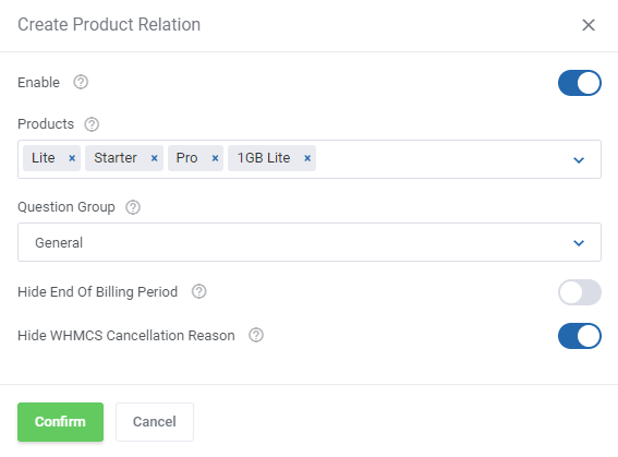 Product Feedback Center For WHMCS: Create Product Relation form with products, question group and hide options