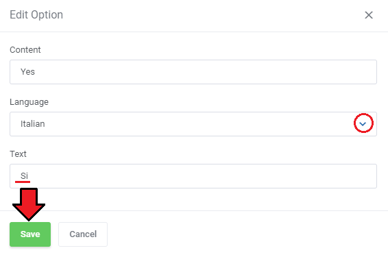Product Feedback Center For WHMCS: Edit Option form with the Language set to Italian and a translated answer text