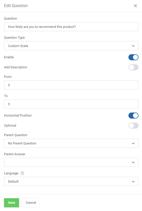 Product Feedback Center For WHMCS: Edit Question form of the Custom Scale type with From, To and Horizontal Position